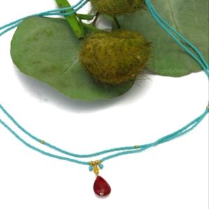 Debbie Fisher Turquouse, Ruby & Gold Necklace